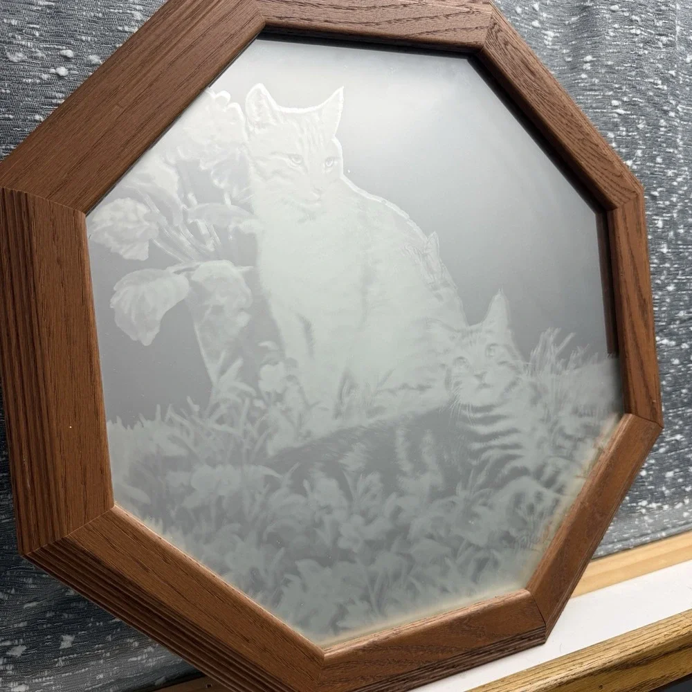Rare Vintage Octagon Cat Mirror Frosted Etched Outdoor Retro Cottagecore 70s80s